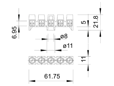 Dimensional drawing 2 OBO 689 Terminal strip 5 p 0 8   2 5mm 