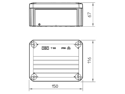 Ma�zeichnung 2 OBO T 100 OE Kabelabzweigkasten 150x116x67