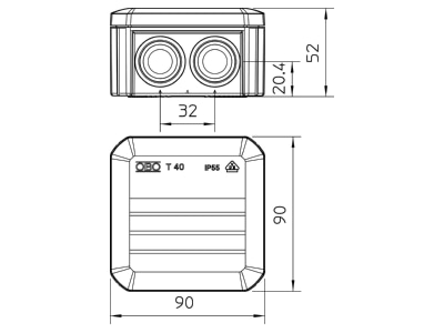 Dimensional drawing 2 OBO T 40 F Surface mounted box 90x90mm
