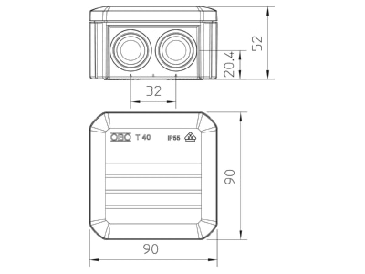 Dimensional drawing 3 OBO T 40 F Surface mounted box 90x90mm