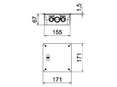 Dimensional drawing 1 OBO UV 150 K Flush mounted mounted box 150x150mm
