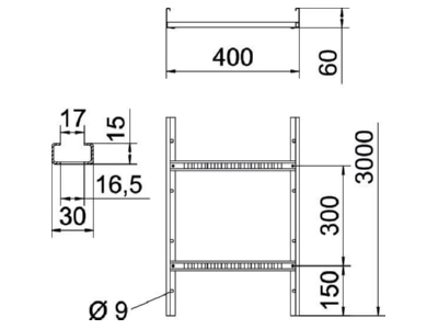 Mazeichnung 2 OBO LG 640 VS 3 FS Kabelleiter gelocht VS Sp 60x400x3000