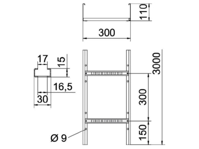 Dimensional drawing 1 OBO LG 113 VS 3 FS Cable ladder 110x300mm
