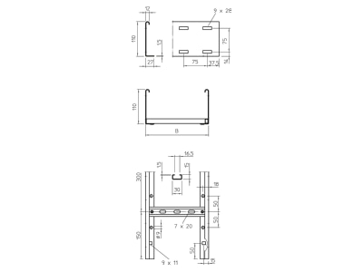 Dimensional drawing 1 OBO LG 113 VS 3 FT Cable ladder 110x300mm
