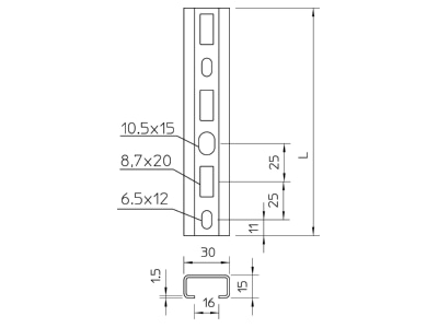 Dimensional drawing 2 OBO CM3015P2000FS C profile 2000x30x15mm
