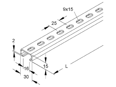 Dimensional drawing Niedax 2971 2 FL C profile 2000x30x15mm
