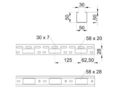 Mazeichnung 2 OBO AZK 050 FTK SGR AZ Kleinkanal gelocht 50x50x3000  St  FTK