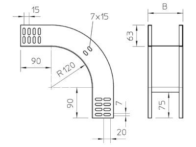Dimensional drawing 1 OBO RBV 630 F FS Bend for cable tray  solid wall 
