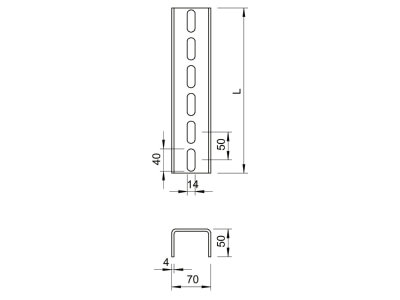 Dimensional drawing 2 OBO US 7 140 FT U profile 1400x70x50mm