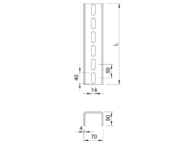 Dimensional drawing 1 OBO US 7 190 FT U profile 1900x70x50mm
