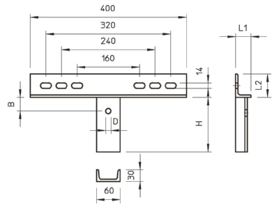 Dimensional drawing 1 OBO KA AW 30 FT Mounting material for cable tray
