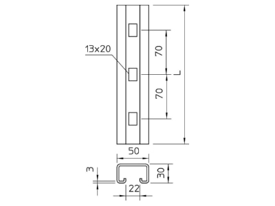 Dimensional drawing 2 OBO MS5030RP0220FT C profile 300x50x30mm