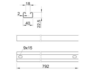 Dimensional drawing 1 OBO MS4022P0792FT Rung for cable ladder 40mm
