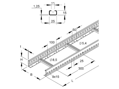 Dimensional drawing Niedax KL 60 203 3 Cable ladder 60x200mm