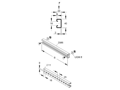 Dimensional drawing Niedax SPCKL 86 500 F Rung for cable ladder 500mm
