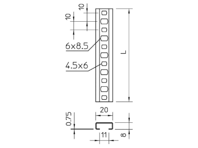 Dimensional drawing 2 OBO CL2008P2000A2 C profile 2000x20x8mm