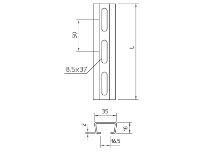 Dimensional drawing 1 OBO AMS3518P2000A2 C profile 2000x35x18mm
