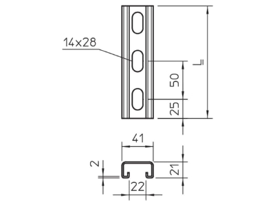 Dimensional drawing 2 OBO MS4121P2000FS C profile 2000x41x21mm