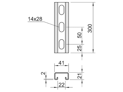 Ma�zeichnung 3 OBO MS4121P0300FT Profilschiene gelocht Schlw  22mm