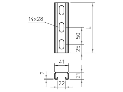 Dimensional drawing 2 OBO MS4121P3000FS C profile 3000x41x21mm