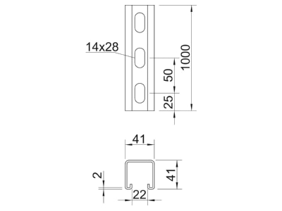 Ma�zeichnung 2 OBO MSL4141P1000FT Profilschiene gelocht Schlw  22mm