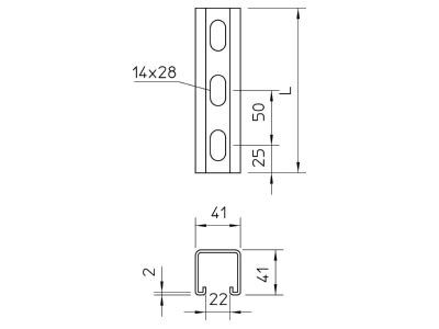 Dimensional drawing 2 OBO MSL4141P3000FS C profile 3000x41x41mm