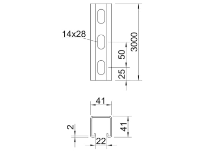 Ma�zeichnung 2 OBO MSL4141P3000FT Profilschiene gelocht Schlw  22mm