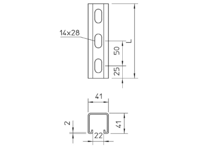 Ma�zeichnung 1 OBO MSL4141P3000A4 Profilschiene gelocht Schlw  22mm
