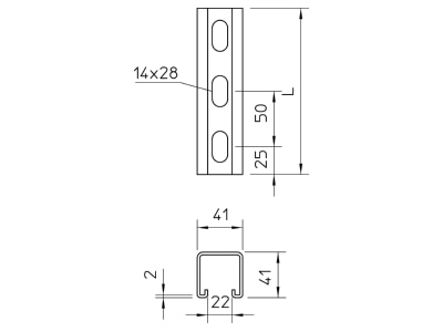 Ma�zeichnung 2 OBO MSL4141P3000A4 Profilschiene gelocht Schlw  22mm