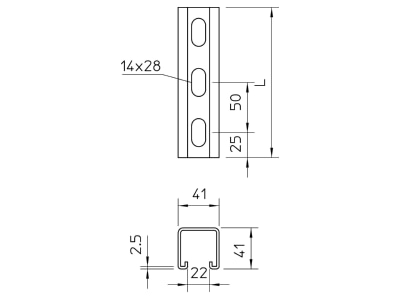 Ma�zeichnung 2 OBO MS4141P3000FS Profilschiene gelocht Schlw  22mm