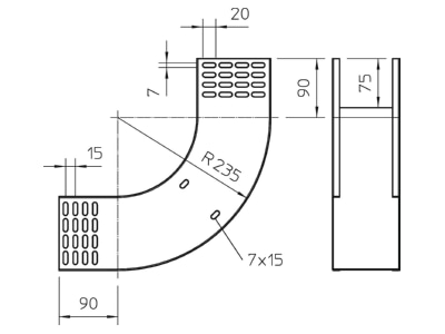 Dimensional drawing 1 OBO RBV 120 S FS Bend for cable tray  solid wall 
