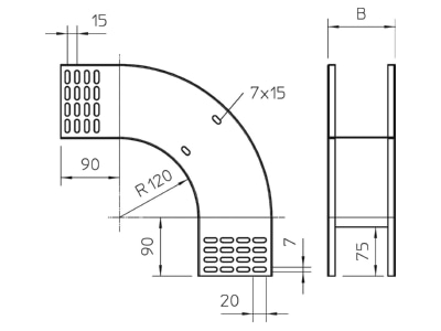 Dimensional drawing 2 OBO RBV 140 F FS Bend for cable tray  solid wall 