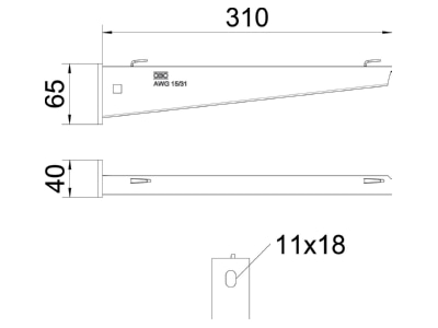 Dimensional drawing 1 OBO AWG 15 31 A2 Wall bracket for cable support 40x70mm AWG 15 31 VA4301
