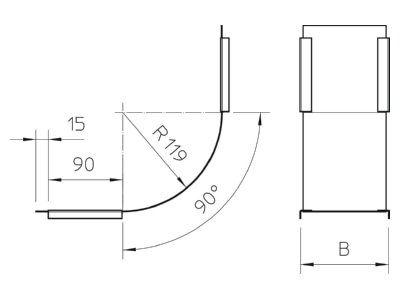 Dimensional drawing 1 OBO DBV 100 S A2 Bend cover for cable tray 100mm
