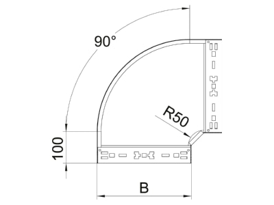 Dimensional drawing 1 OBO RBM 90 610 FS Bend for cable tray  solid wall 
