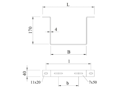 Dimensional drawing 2 OBO AHB T1732 VA4547 Wall   ceiling bracket for cable tray