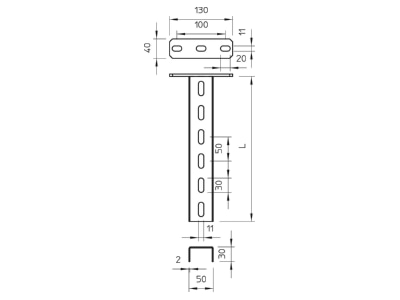 Dimensional drawing 1 OBO US 3 K 110 A4 Ceiling profile for cable tray 1100mm
