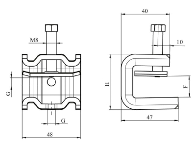 Dimensional drawing 1 OBO SSP 6 21 M6 FT Fixing clamp 6   21mm steel
