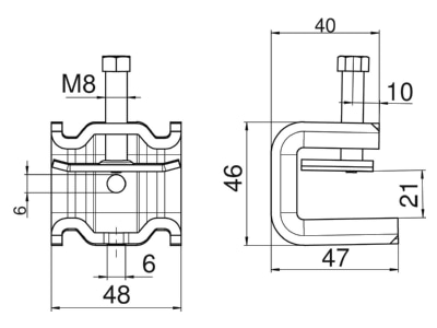 Dimensional drawing 2 OBO SSP 6 21 M6 FT Fixing clamp 6   21mm steel
