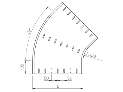 Dimensional drawing 2 OBO RB 45 140 FT Bend for cable tray  solid wall 