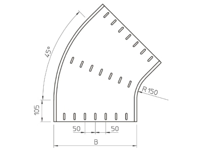 Mazeichnung 1 OBO RB 45 150 FT Bogen 45 Grad horizontal rd Bauform 110x500