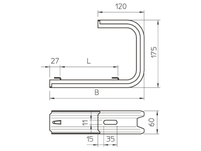 Mazeichnung 2 OBO TPDG 195 FS Wand  und Deckenbuegel Gitterrinne B195mm