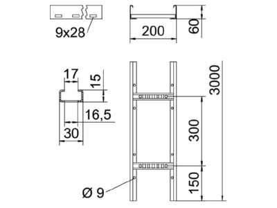 Dimensional drawing 1 OBO LCIS 620 3 FS Cable ladder 60x200mm
