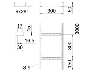 Dimensional drawing 2 OBO LCIS 630 3 FT Cable ladder 60x300mm