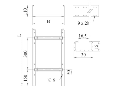Dimensional drawing 1 OBO SLCS 1160 3 FT Cable ladder 110x600mm
