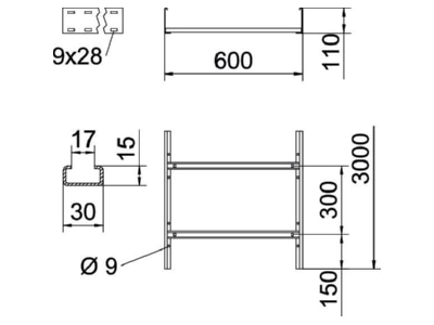 Dimensional drawing 2 OBO SLCS 1160 3 FT Cable ladder 110x600mm