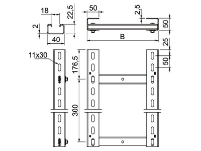 Dimensional drawing 2 OBO SLM50C40F 30 FT Vertical cable ladder 300x50mm