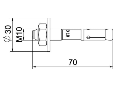 Dimensional drawing OBO BZ3 10x70 0 10 Anchor bolt with External thread 10x70mm