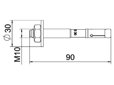 Dimensional drawing OBO BZ3 10x90 0 30 Anchor bolt with External thread 10x90mm