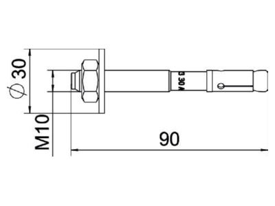 Dimensional drawing OBO BZ3 10x90 0 30A4 Anchor bolt with External thread 10x90mm